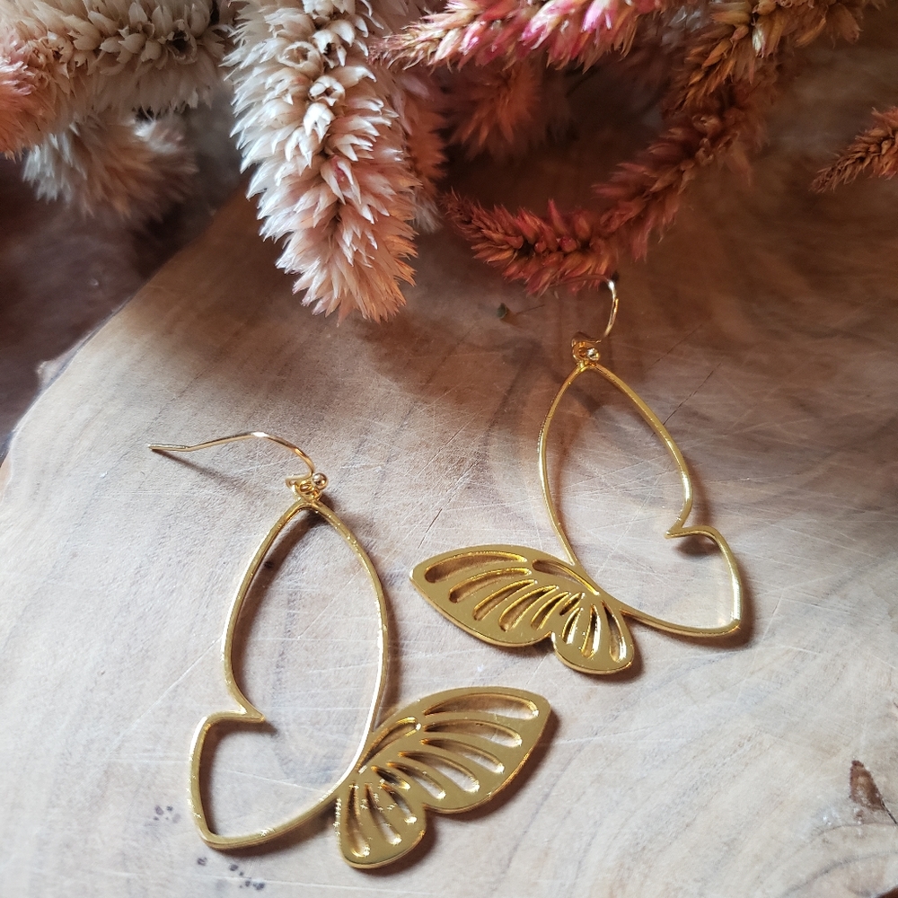 Handmade Spring & Summer Dancing Butterfly Golden Statement Dangle Earrings